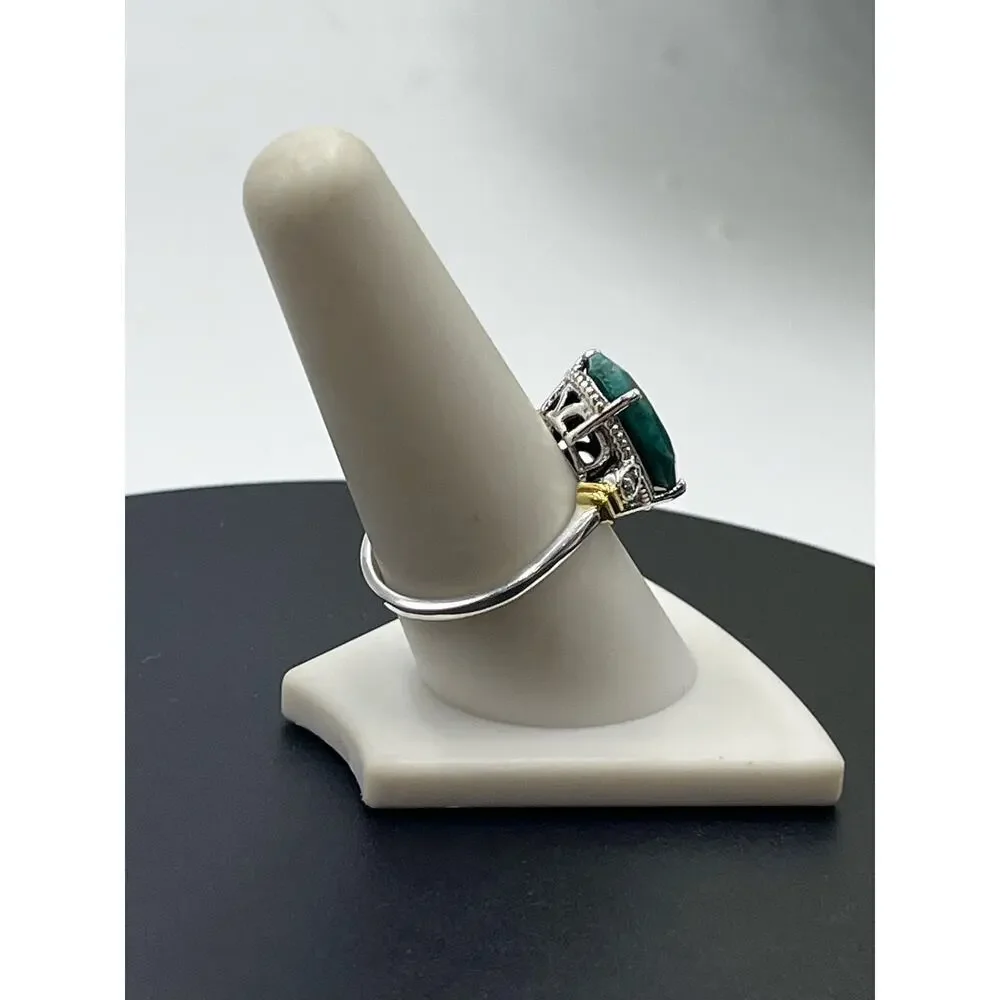 Designer Signed Sterling 925 India YS Natural Green Faceted Prong Beryl Ring‎ 9